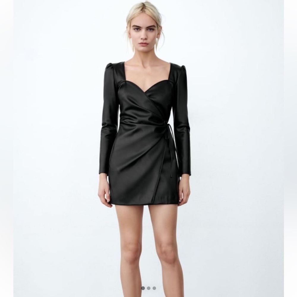 Zara Black Faux Leather Wrap Dress